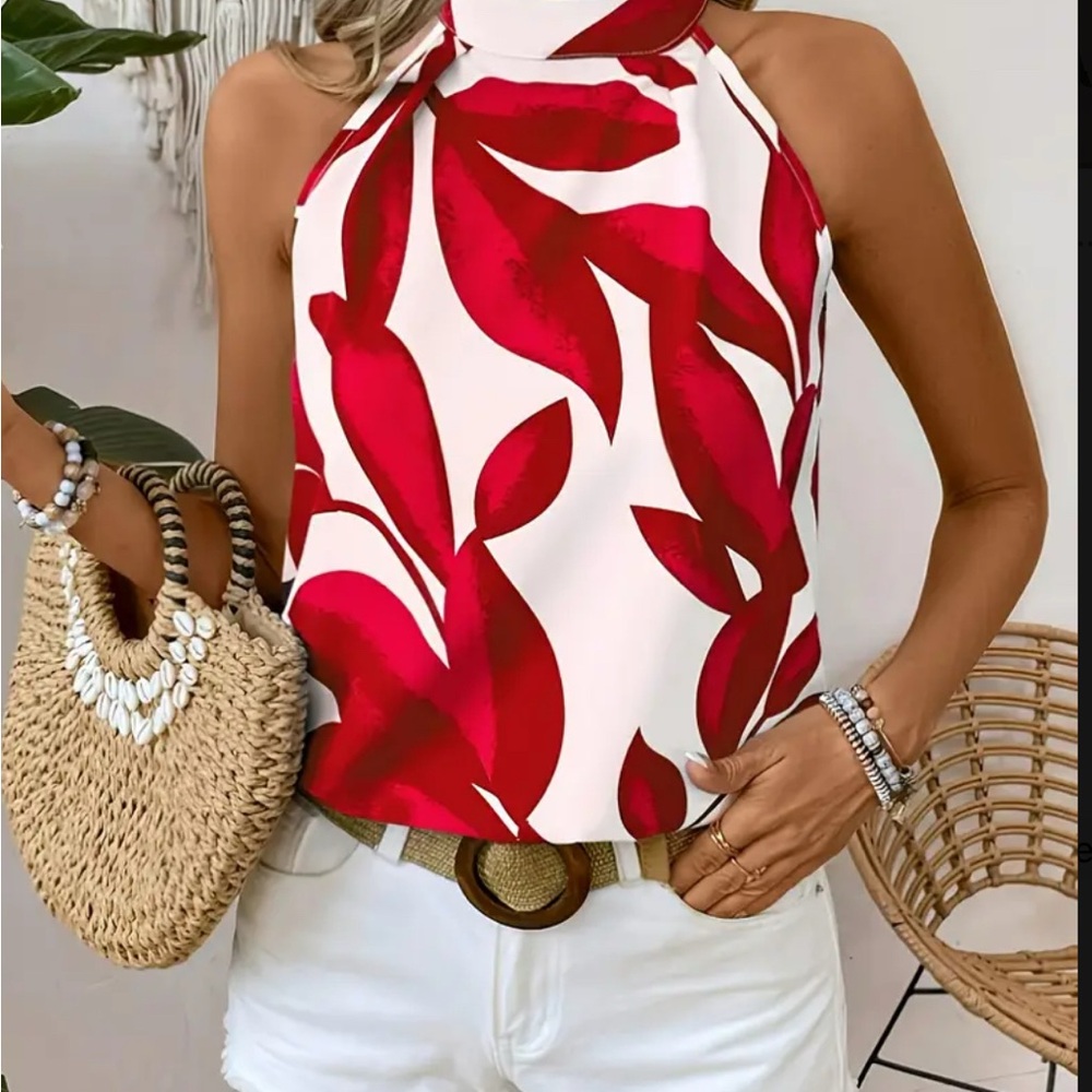 - Red Leaf Print Halter Top new